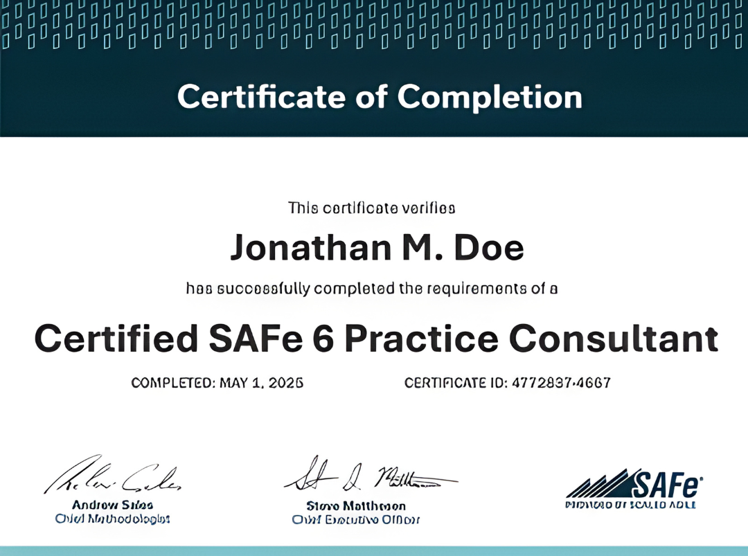 Leading SAFe Aglist 6.0 Sample Certificate